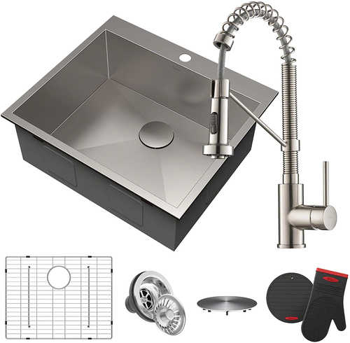 KRAUS All-In-One Kitchen Set With Pax Zero-Radius 25-Inch Topmount Single Bowl TRU16 Gauge Stainless Steel Drop-In Kitchen Sink