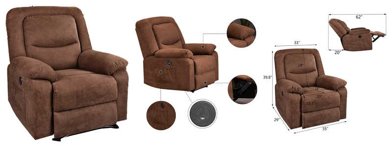 BINGTOO Power Recliner With Heat And Massage, Electric Recliner Sofa Recliners With USB Charge Port For Elderly And Adults