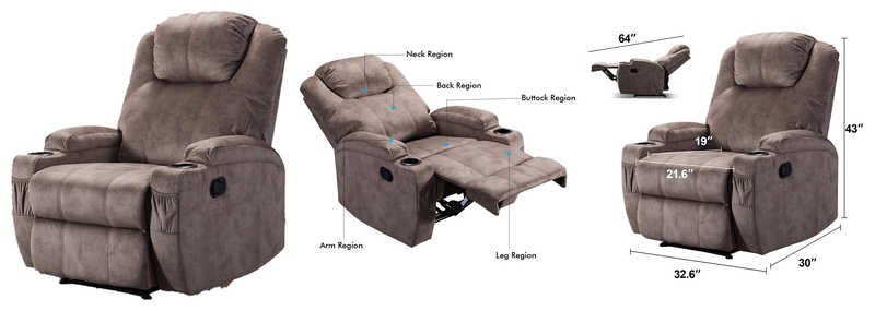 Manual Ergonomic Recliner With 2 Cup Holders And Extended Footrest