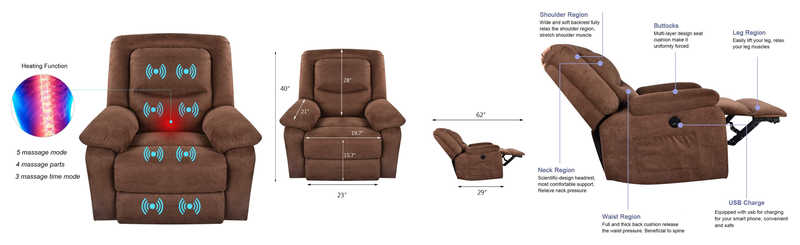 B BAIJIAWEI Fabric Electric Recliner With Heated Vibration Massage Sofa With USB Charge Port