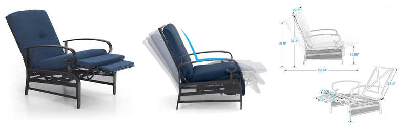 PHI VILLA Adjustable Patio Recliner Chair Metal Outdoor Lounge Chair
