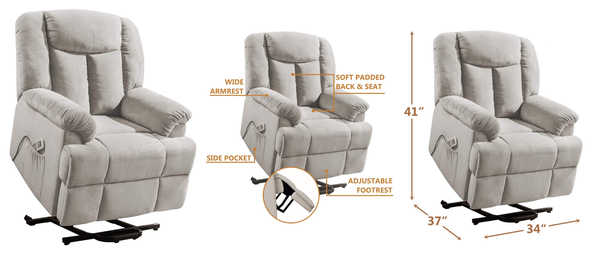 Power Heated Massage Reclining Sofa With Remote Control, Heated System, Lift System, Adjustable Headrest