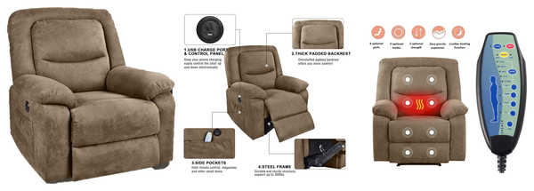 OKIDA Electric Recliner Chair With Massage, Heat And USB Charge Port Power Recliner For Elderly