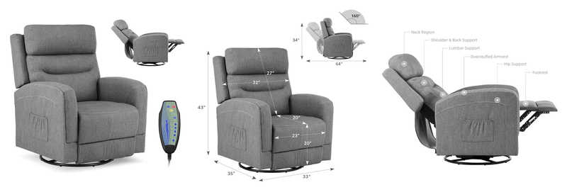 Massage Recliner With Lumbar Heating, 360 Degree Swivel, Side Pocket & Remote Control
